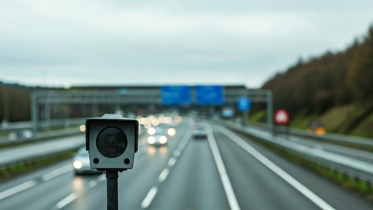 Generic image of a speed camera on an Álava road, with blurred cars in the background.