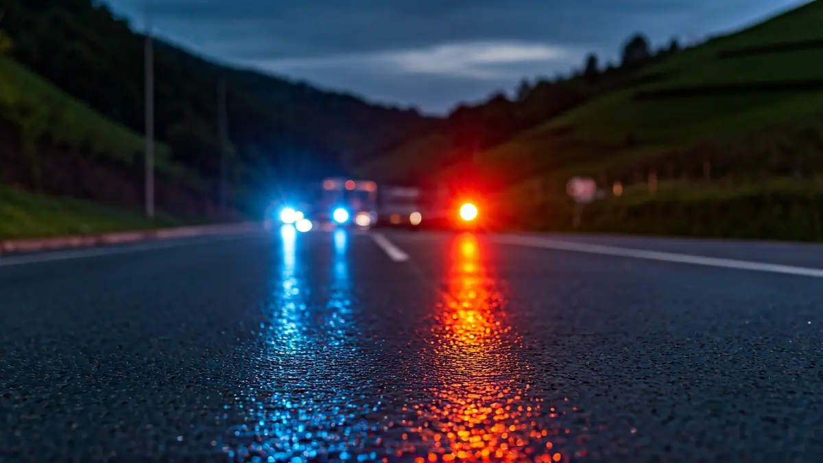 Generic image of emergency lights reflecting on wet asphalt at night.
