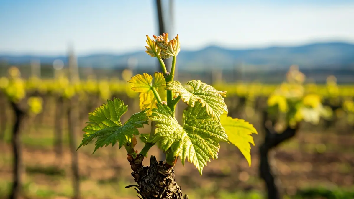 Mahasti baten irudi generikoa Arabako Errioxan, udaberrian, kimu berdeekin eta eguzki argiarekin.