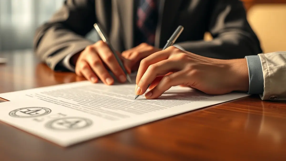 Imagen genérica de manos firmando un documento, representando un acuerdo formal.