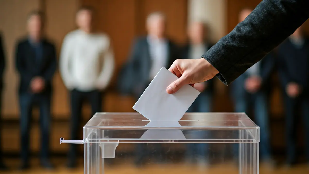 Generic image of a hand placing a ballot into a transparent voting box.