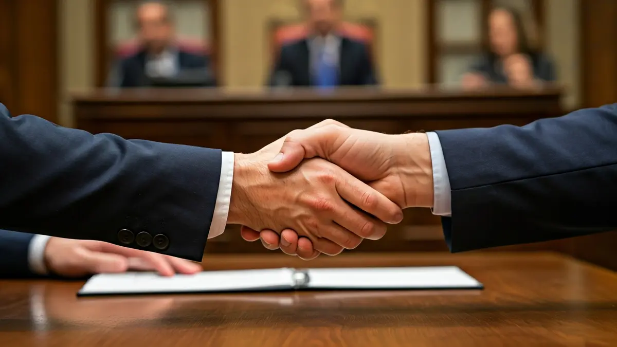 Generic image of two hands shaking over a desk with warm office lighting.