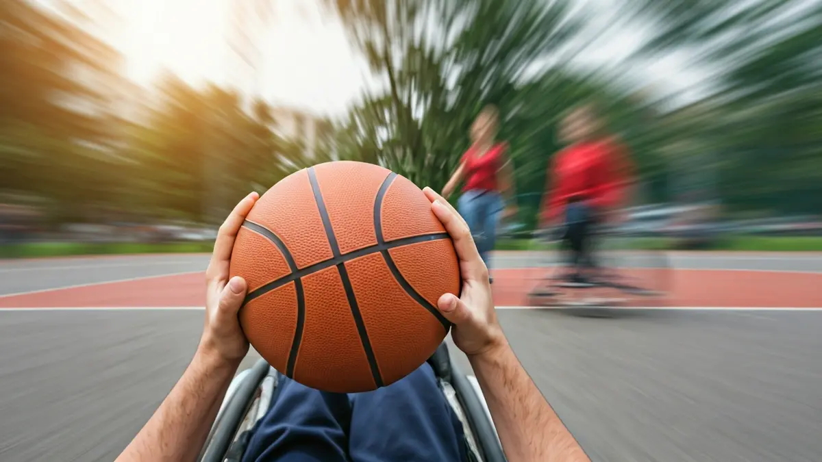 Irudi generikoa kirol egokituko jardueran parte hartzen duen pertsona baten eskuena, saskibaloi bat eusten duena.