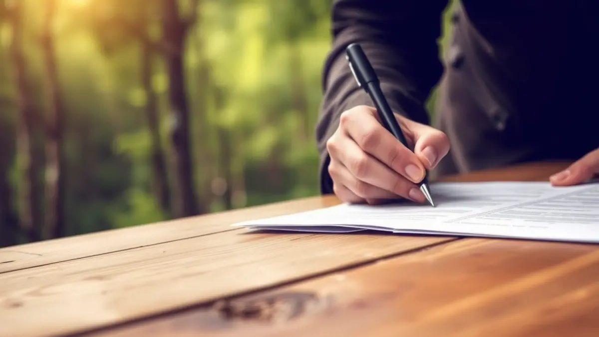 Generic image of sustainable forest management, hands signing a document with a blurred green forest in the background.