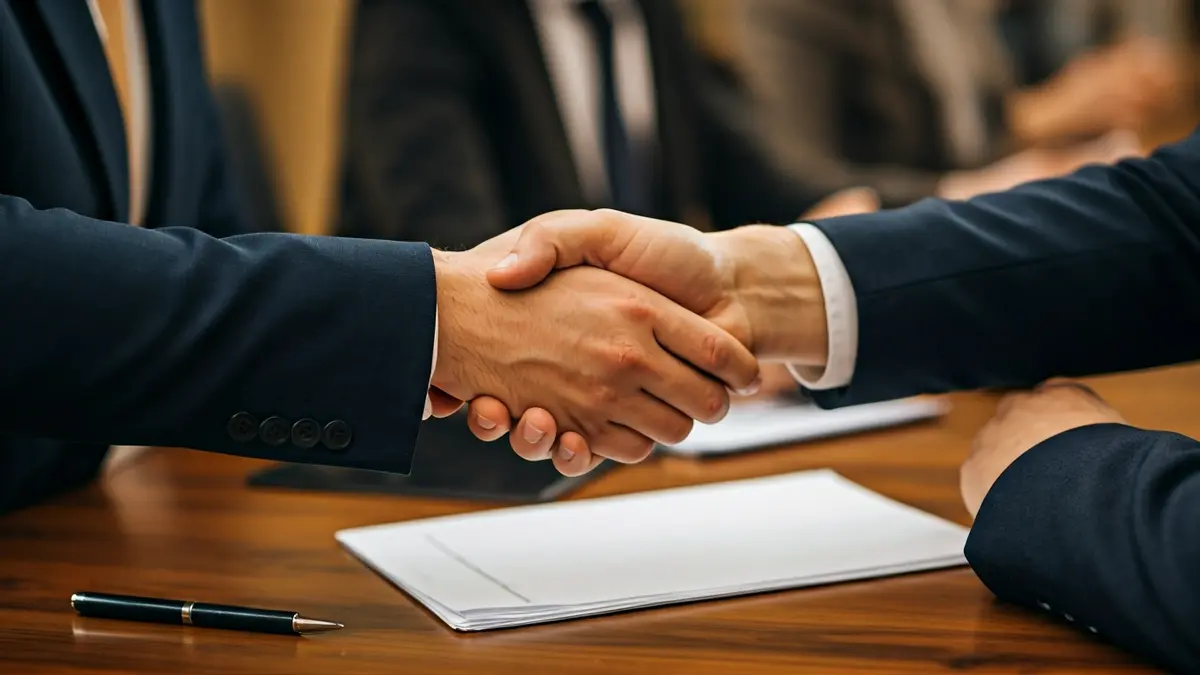 Generic image: Two hands shaking over a desk, representing a negotiation.