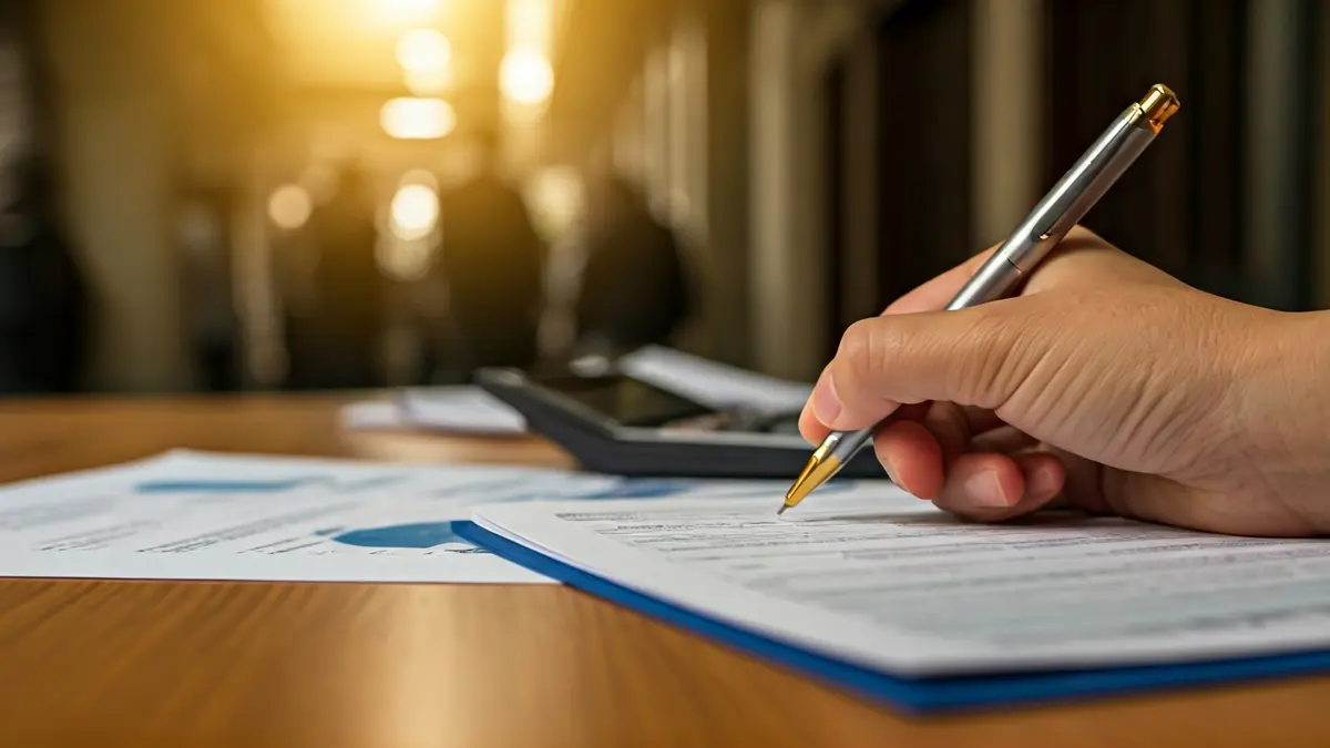 Irudi generikoa zerga-aitorpena betetzen duen esku baten, bulegoko argi epelarekin.