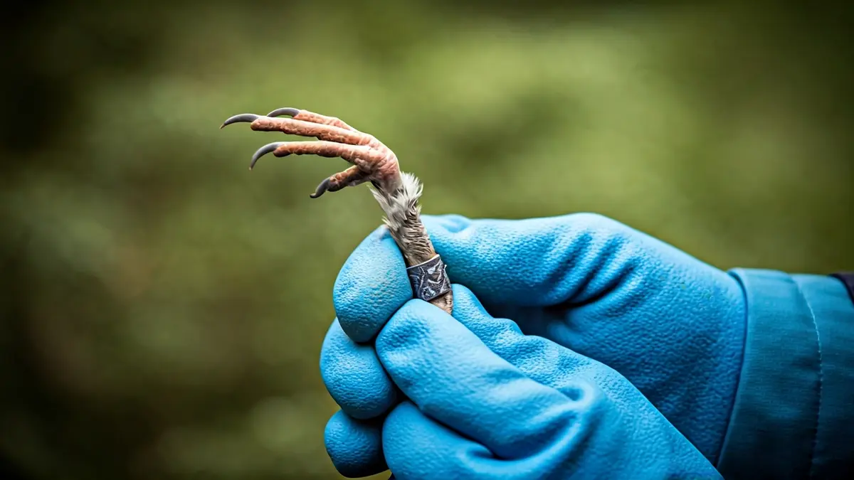 Irudi generikoa hegazti baten anillamendu zientifikoarena, eskuak hegaztiaren hanka anillatzen.