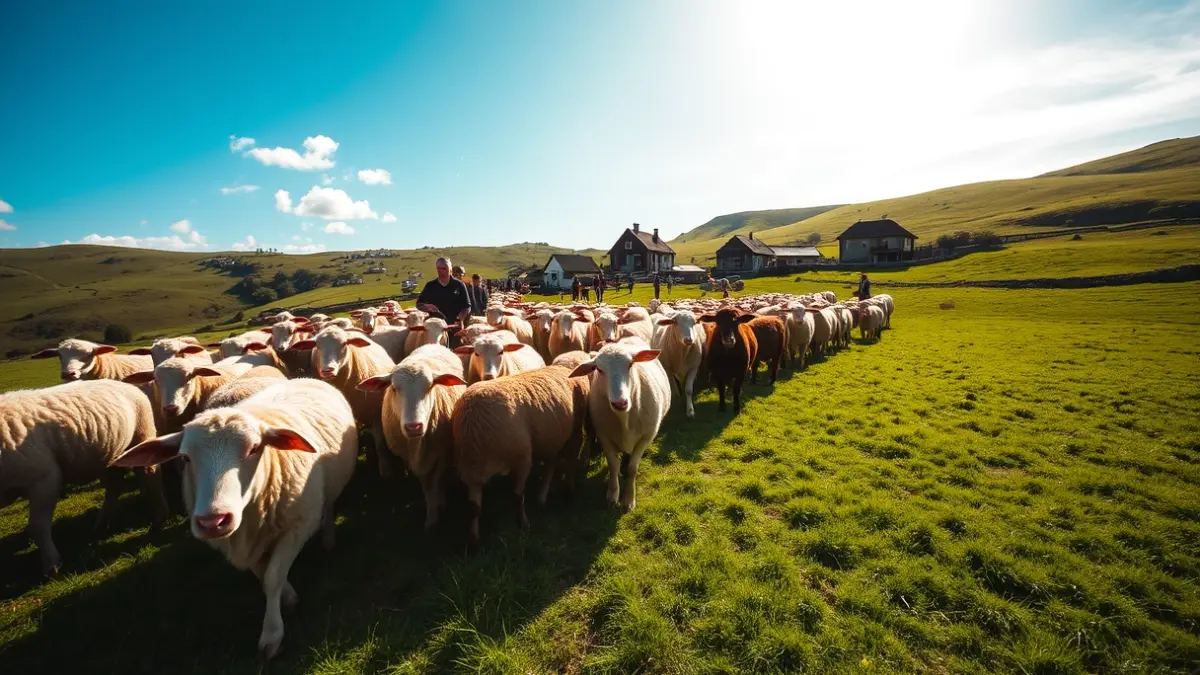 Un rebaño de ovejas y vacas siendo conducido por pastores por un pastizal verde en el País Vasco, bajo un cielo primaveral brillante.