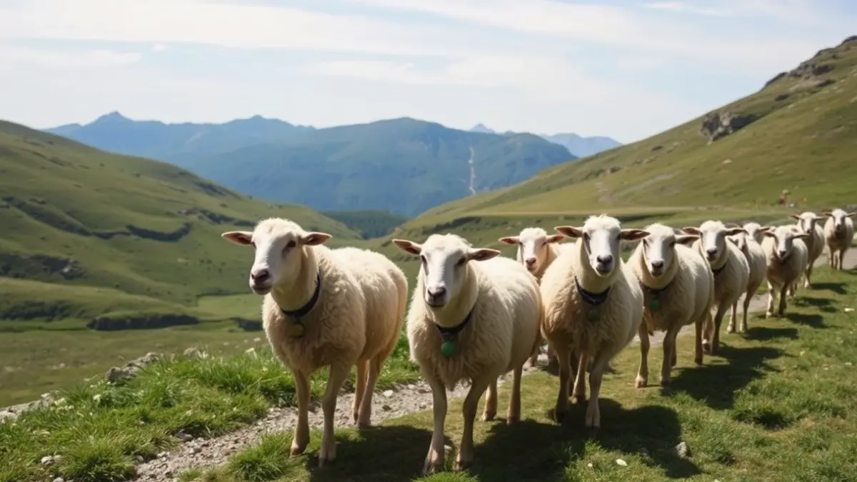 Artalde bat Aralar mendilerroko mendi bide batean, txintxarriak lepoan dituztela, larre berdeak eta urruneko gailurrak zeru garbi baten azpian.