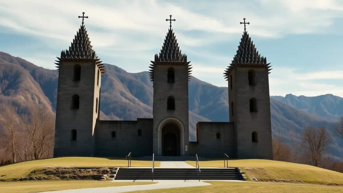 Exterior view of the Arantzazu Sanctuary in Oñati, Gipuzkoa, highlighting its unique brutalist architecture with three spike-covered towers.