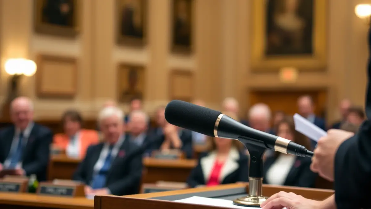Generic image of a microphone in a parliamentary debate.