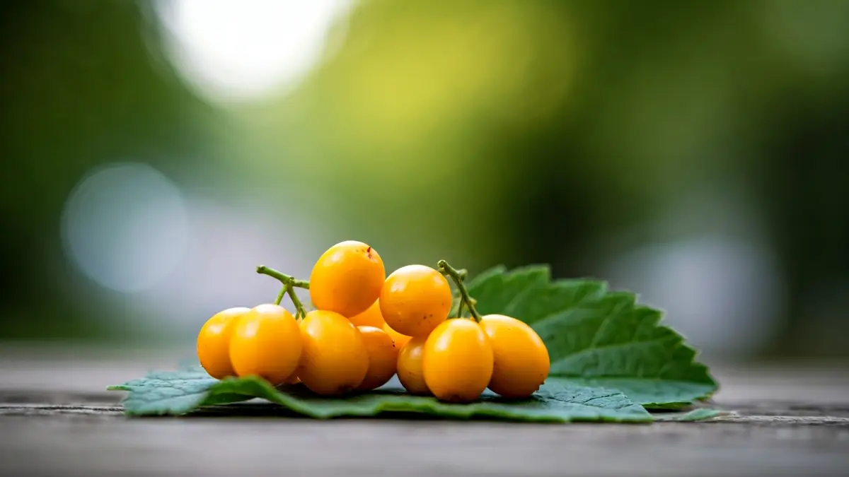Generic image of yellow berries on a green leaf.