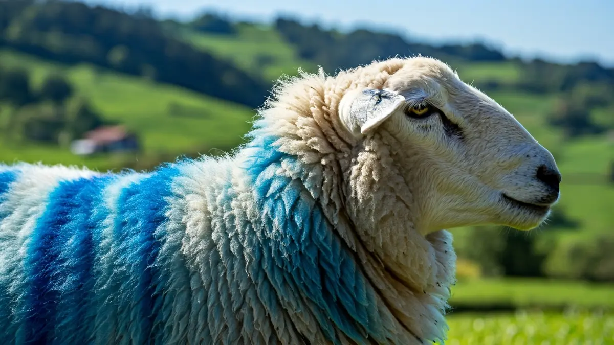 Una oveja con la lana teñida de azul y blanco, en un entorno rural del País Vasco.
