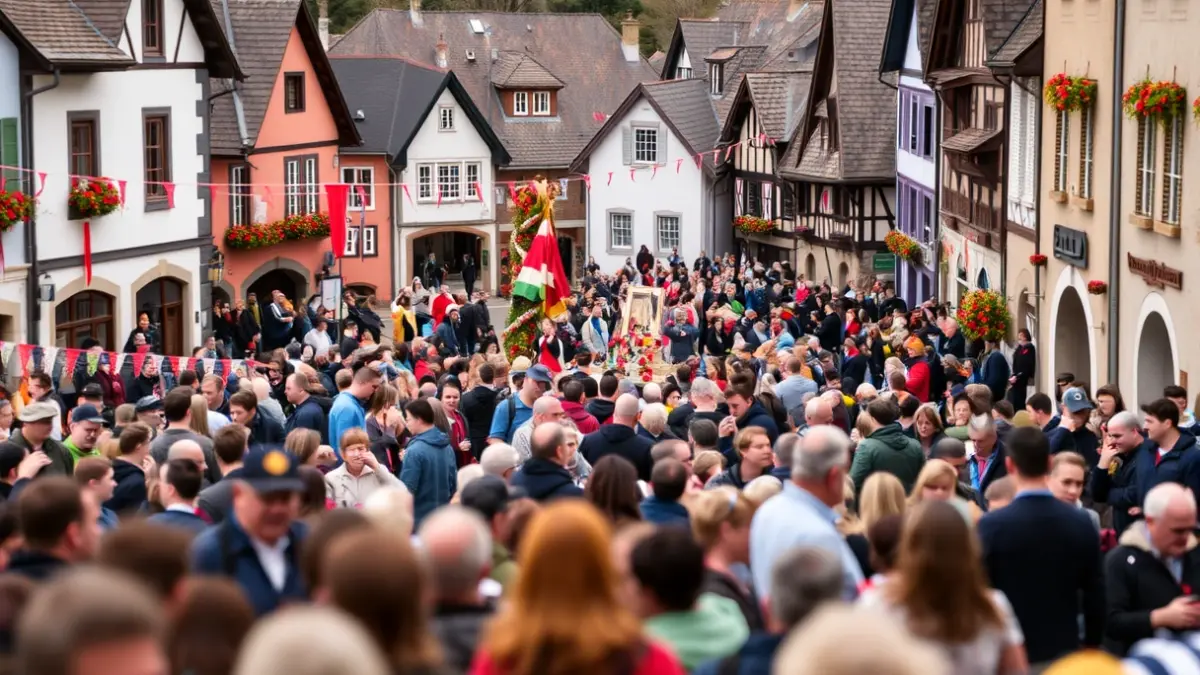Irudi generikoa, herri bateko jai giroa erakusten duena, jendea eta dekorazio koloretsuak dituena.