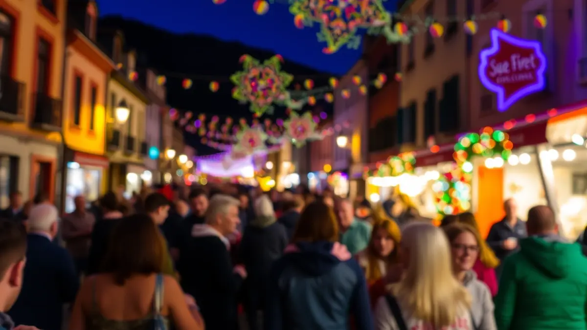 Generic image of a festive atmosphere in Aretxabaleta, with crowds and colorful lights at night.