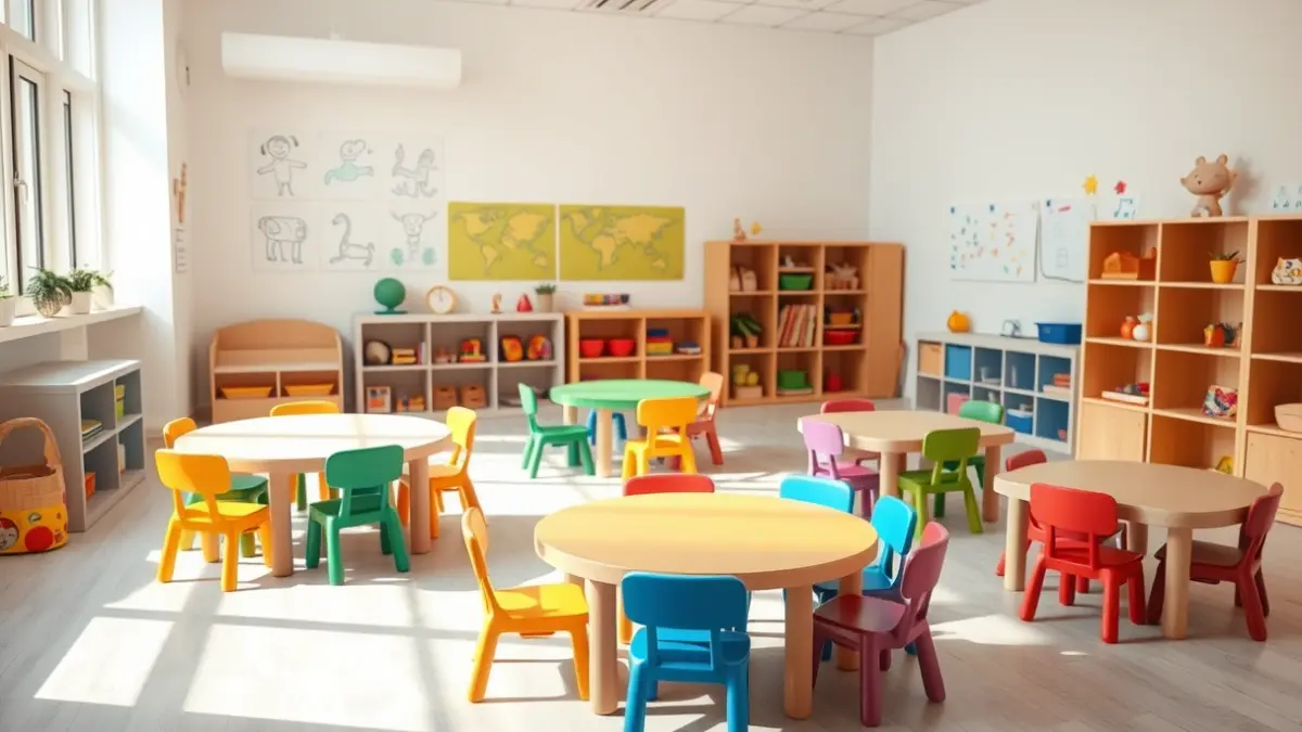 Haur eskola baten irudi generikoa, aulki eta mahai koloretsuekin.