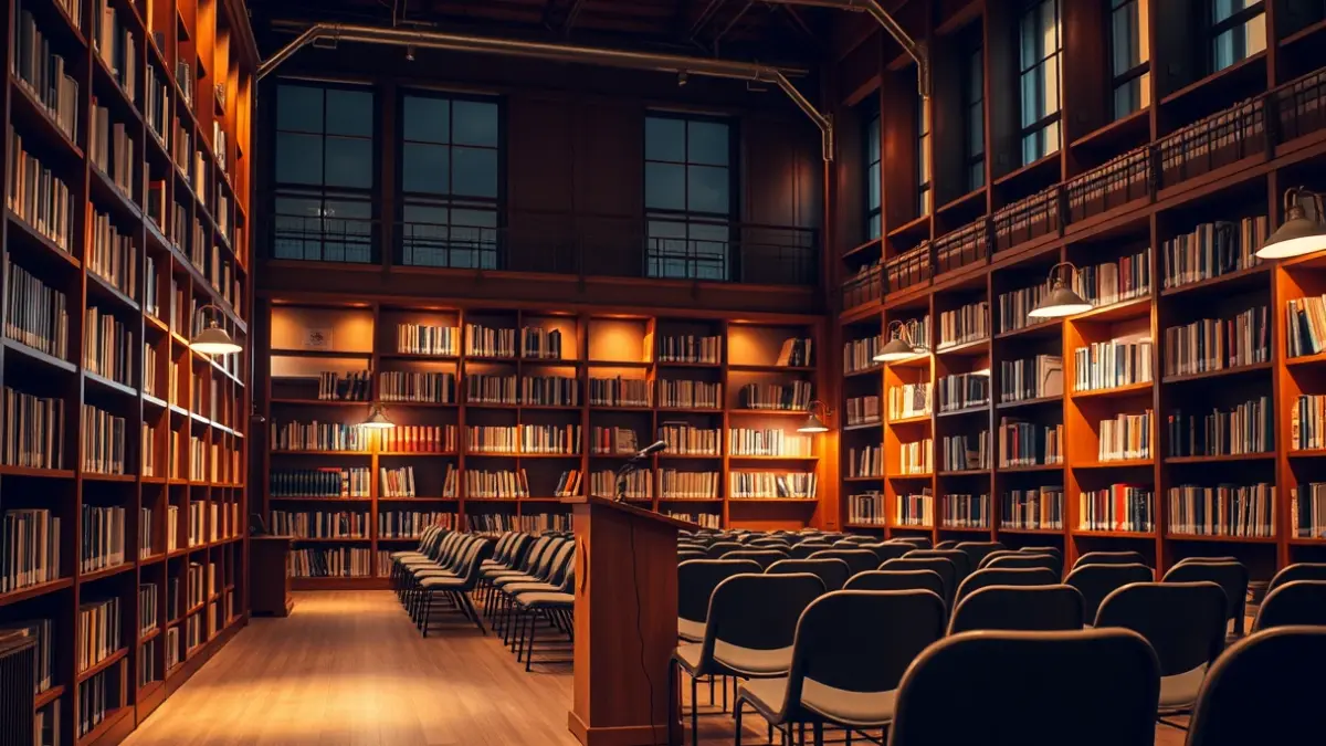 Generic image of a library interior presentation, with a microphone and empty chairs.
