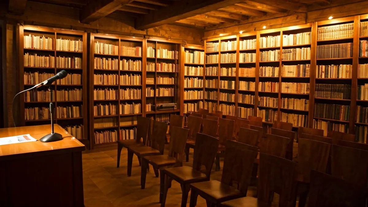 Irudi generikoa liburu aurkezpen baterako, mikrofono bat eta aulki hutsak agertzen direlarik.