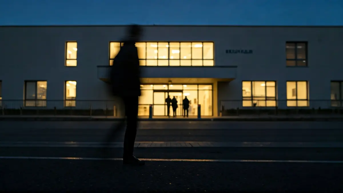 Generic image of a person's silhouette leaving a hospital at dusk, suggesting uncertainty.