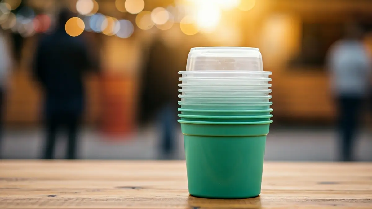 Irudi generikoa, edalontzi berrerabilgarrien pila bat erakusten duena, kanpoko giro batean.