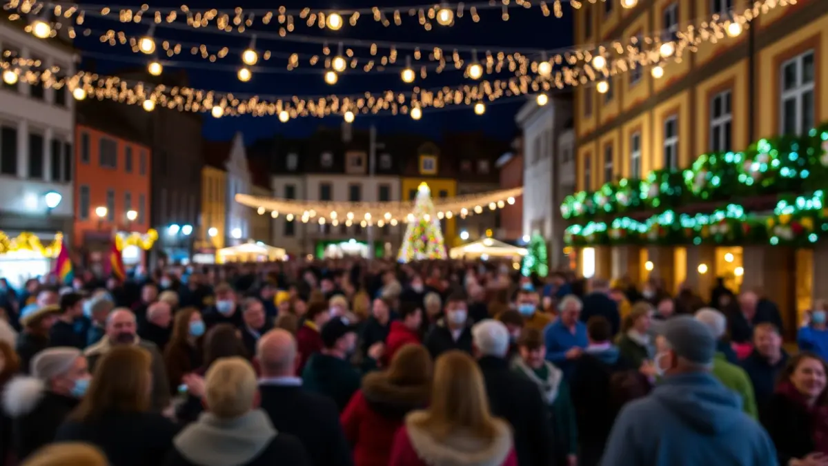 Irudi generikoa gaueko herri-plaza bateko giro jendetsu eta jai-girokoa, argi epelak eta komunitate ospakizunaren sentsazioa dituena.