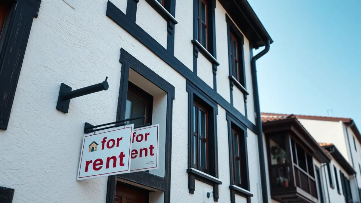 Imagen genérica de la fachada de un edificio residencial en una localidad vasca, representando la tensión en los precios del alquiler.