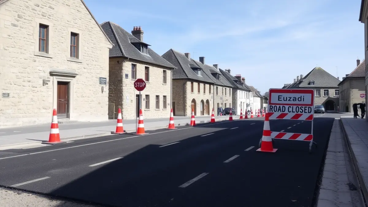 Image of asphalt work being carried out on a street in Arrasate, with safety cones and a 'road closed' sign.