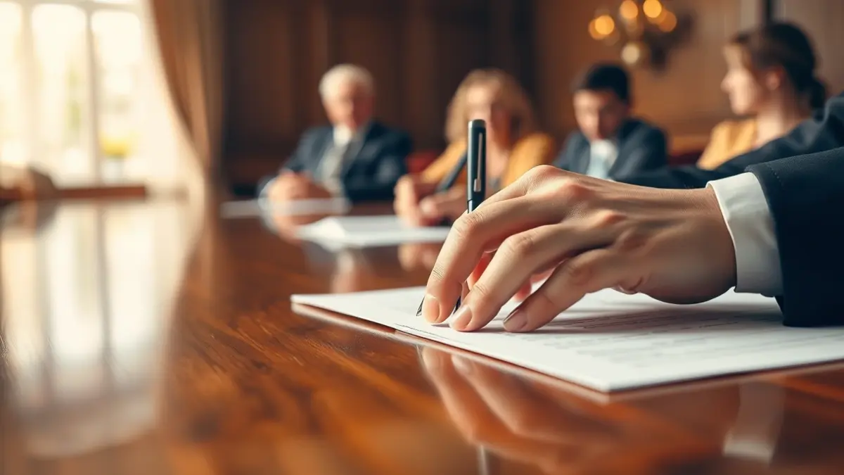 Generic image of hands signing a document at a council meeting.
