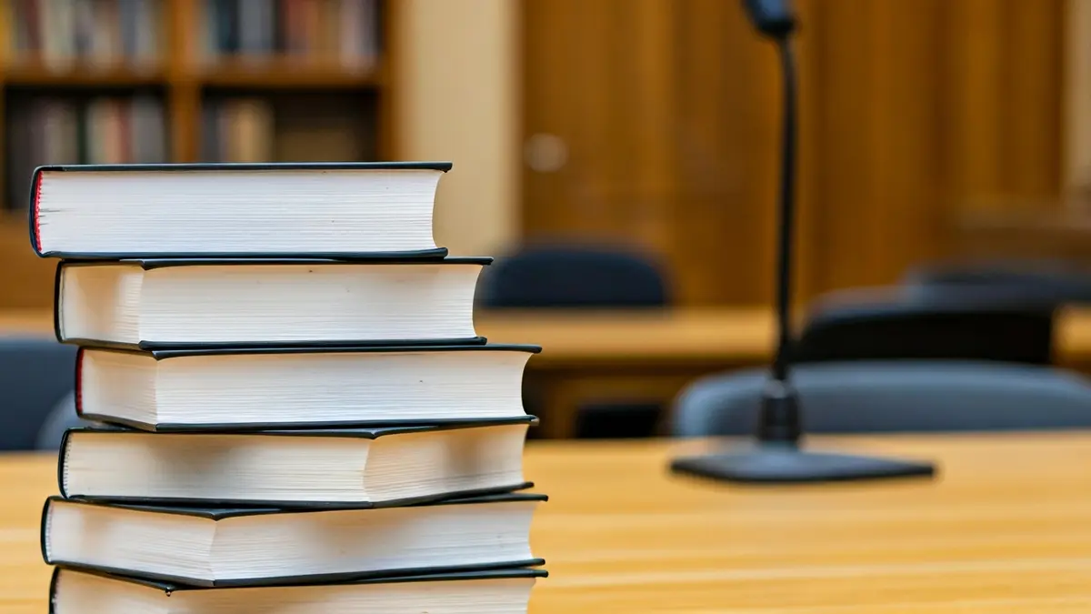 Irudi generikoa liburutegi bateko bilera-gela batekoa, mahai batean liburuak eta mikrofono bat dituena.