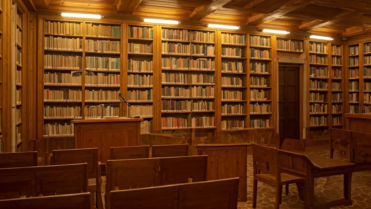 Irudi generikoa liburutegi baten barrualdekoa, mikrofono batekin eta aulki hutsekin.