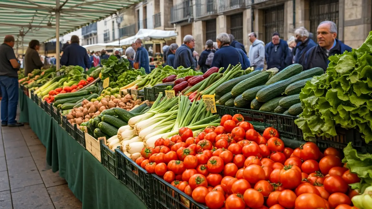 Irudi generikoa tokiko produktuen merkatu batekoa, barazki freskoekin eta jendearekin atzealdean.