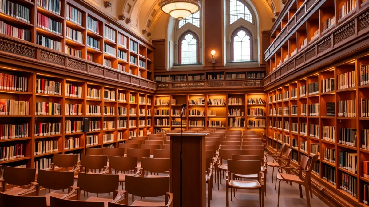 Generic image of a library interior with bookshelves and a microphone.