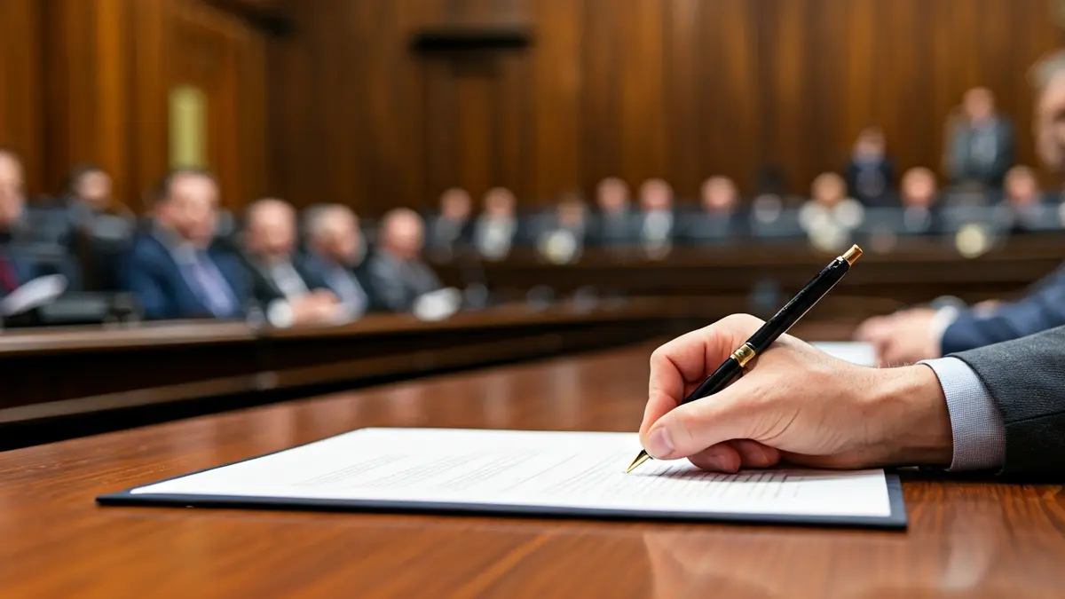 Generic image of a hand signing a document at a municipal meeting, with blurred figures in the background.