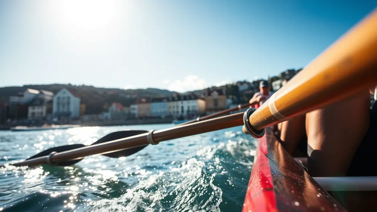 Remo de un remero cortando el agua, con arquitectura costera vasca tradicional difuminada al fondo.