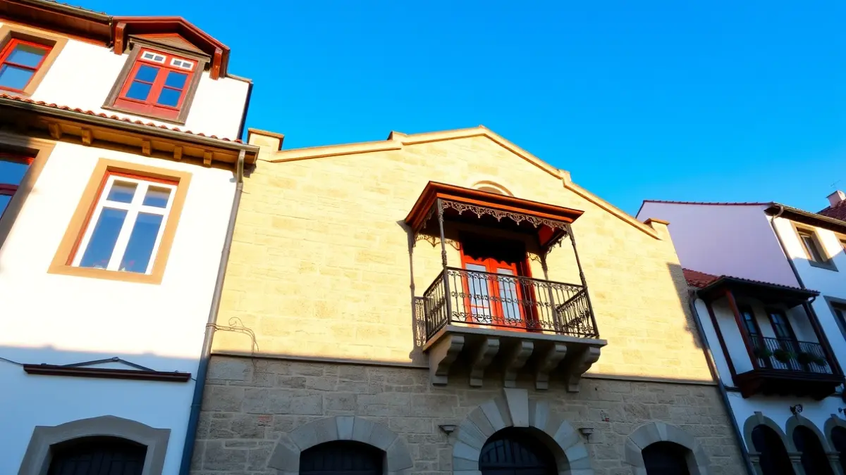 Facade of Arrieta's town hall, in sunlight.