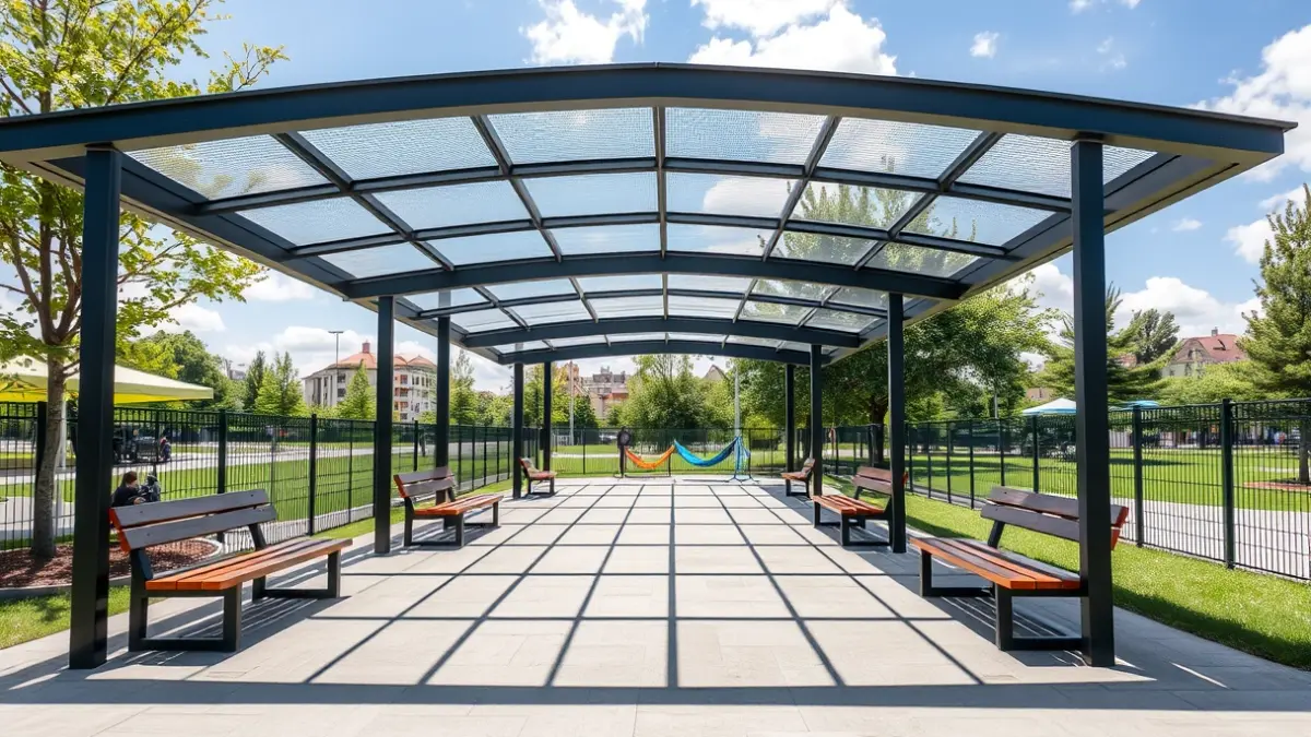 Generic image of the renovated leisure area in Arrigorriaga's Lonbo neighborhood, featuring a cover, benches, and hammocks.