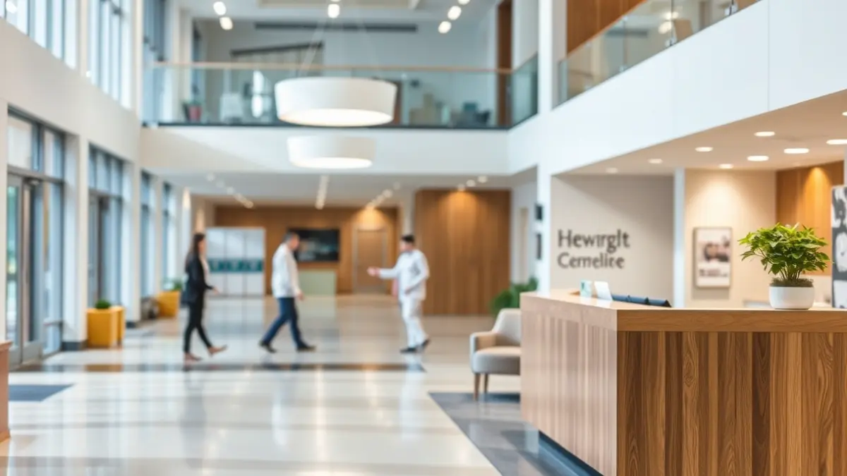 Generic image of a modern health center with bright lighting and a reception desk.
