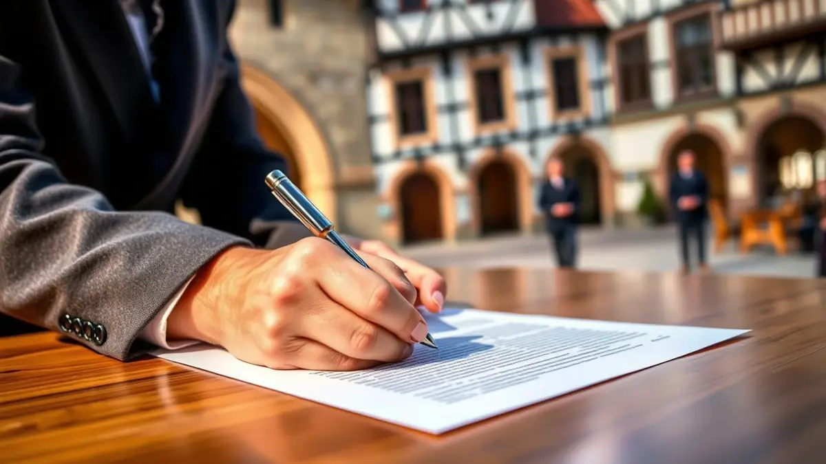 Generic image of hands signing a document, with a blurred town hall background.
