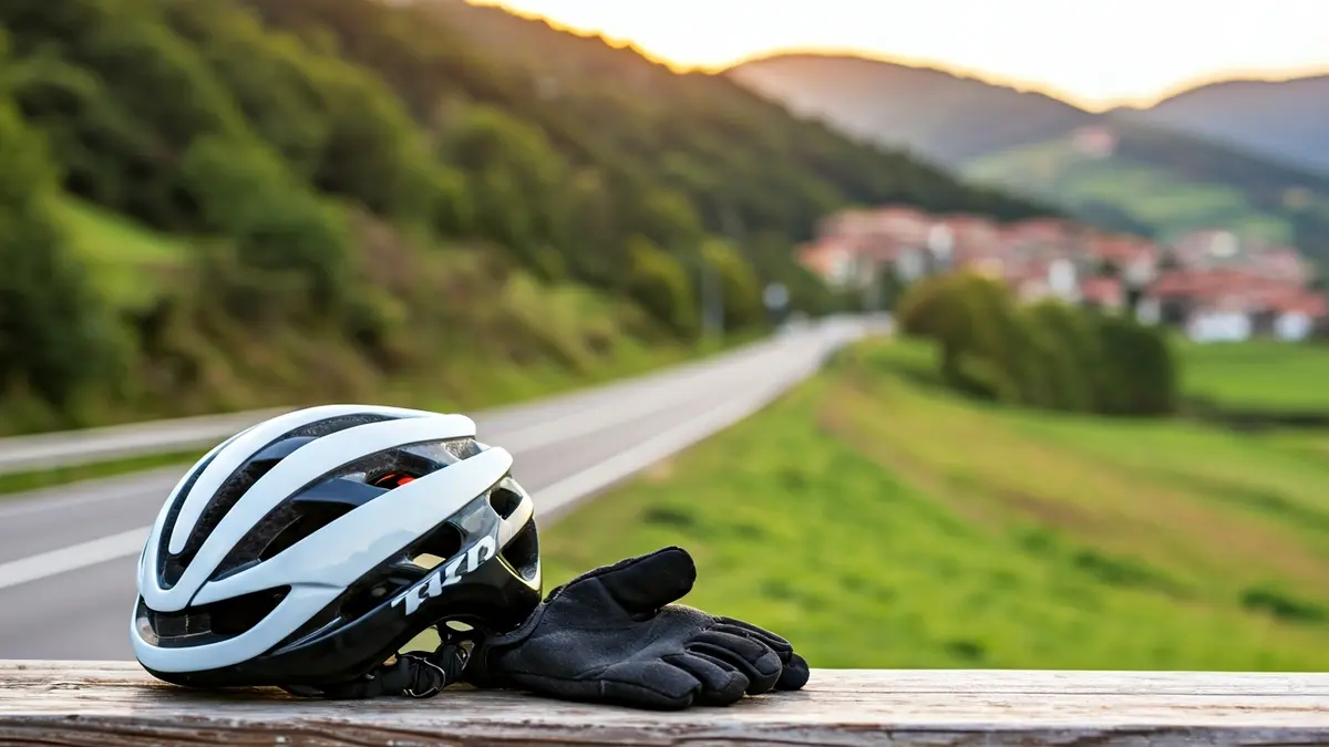 Generic image of a cycling helmet and gloves on a bench, with a blurred background of a Basque road.
