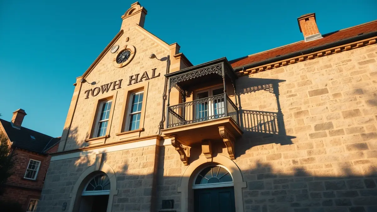 Generic image of Artea's town hall facade, with sunlight.