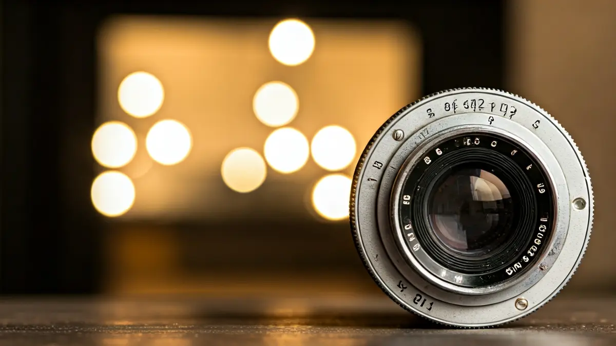 Imagen genérica de la lente de una cámara fotográfica, con un fondo difuminado de un estudio de fotografía.