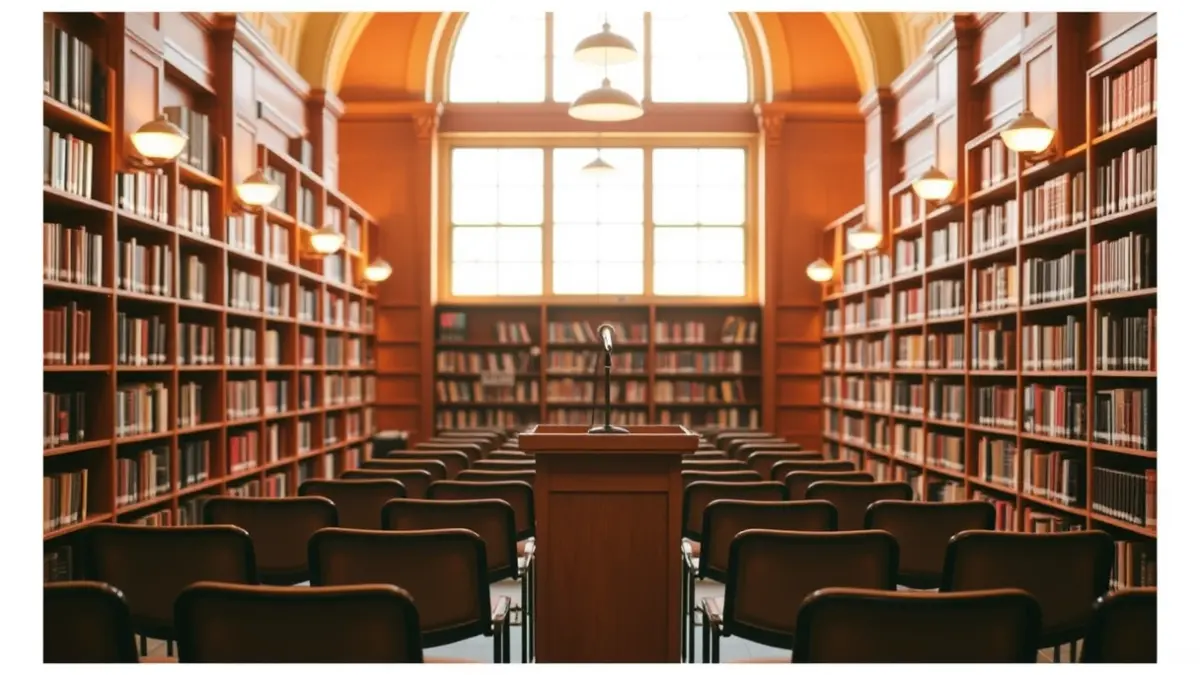Generic image of a warm-lit library interior with wooden bookshelves and a microphone.