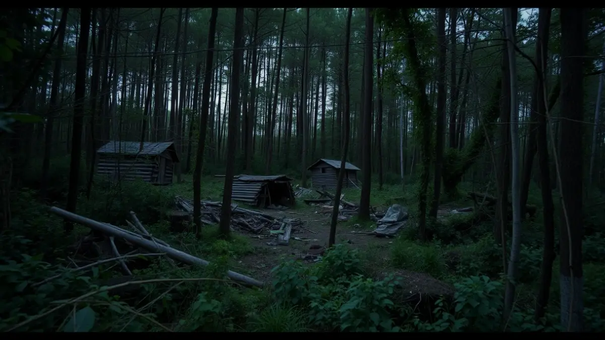 Artxandako baso-eremu batean ezkutuan dagoen asentamendu informal baten irudia, egurrezko egitura eta hondakinak ikusgai.