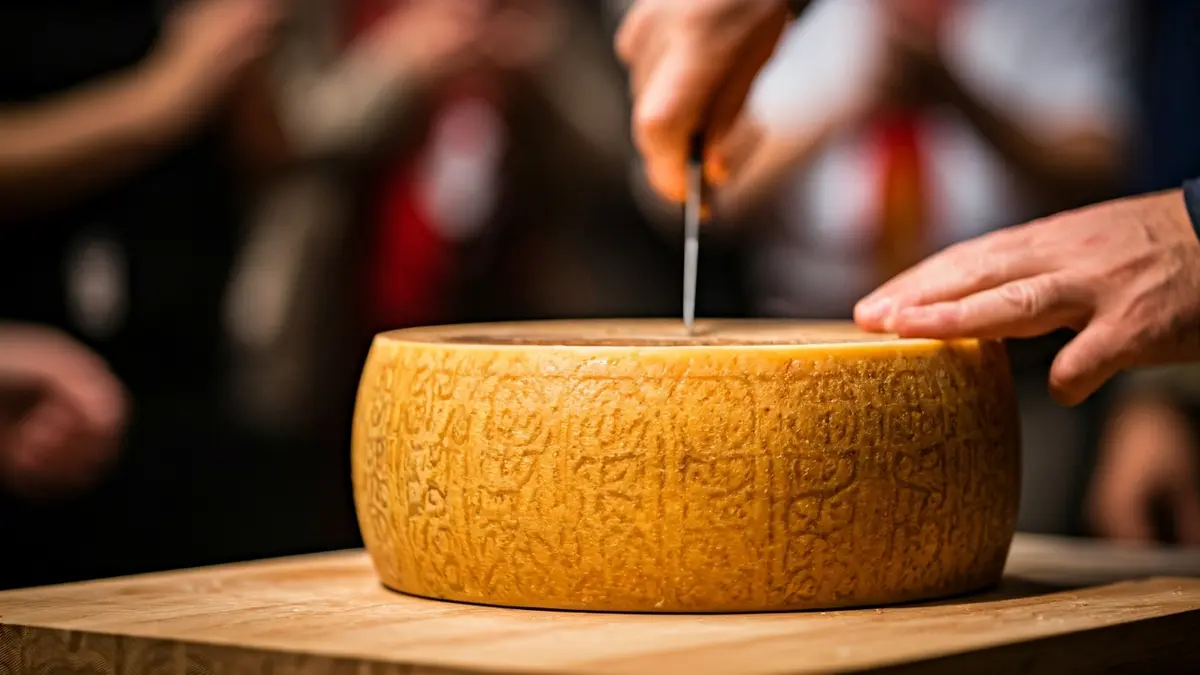 Rueda de queso Idiazabal siendo cortada en el salón del ayuntamiento de Ordizia.