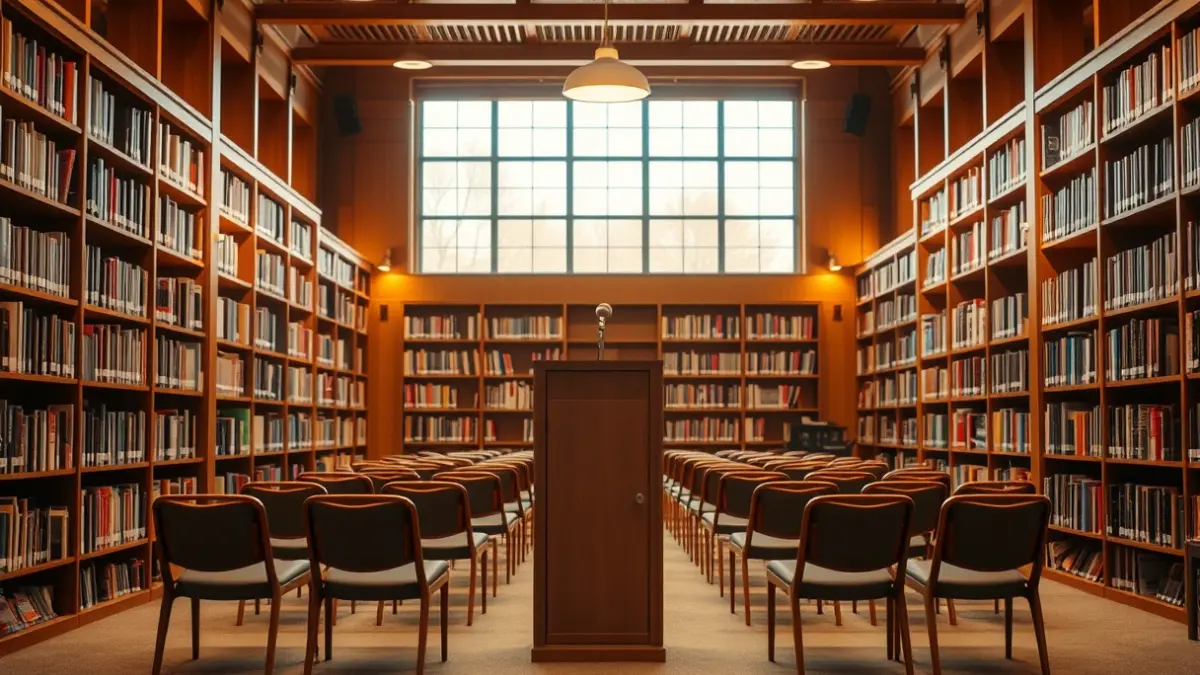 Imagen genérica del interior de una biblioteca con estanterías de madera y un micrófono.