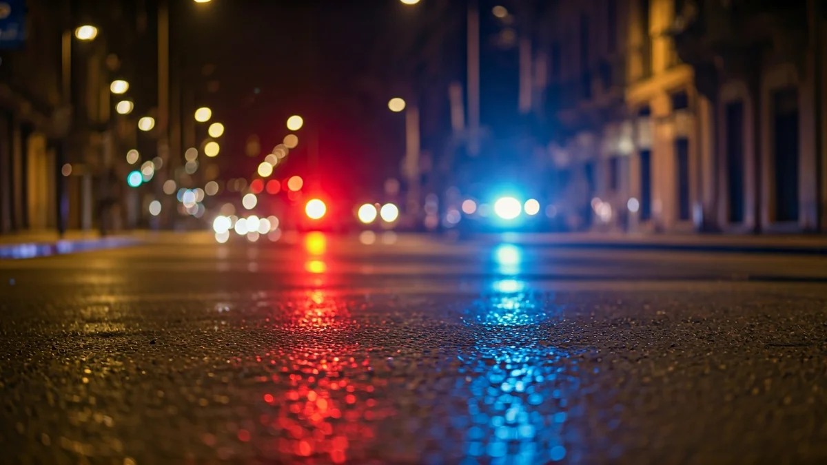 Irudi generikoa, larrialdi-argiak asfalto hezean islatzen direnak gauez.