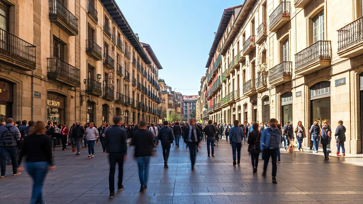 Irudi generikoa Bilboko kale jendetsu baten Aste Santuan, jende uholdearekin eta hiriko arkitekturarekin.