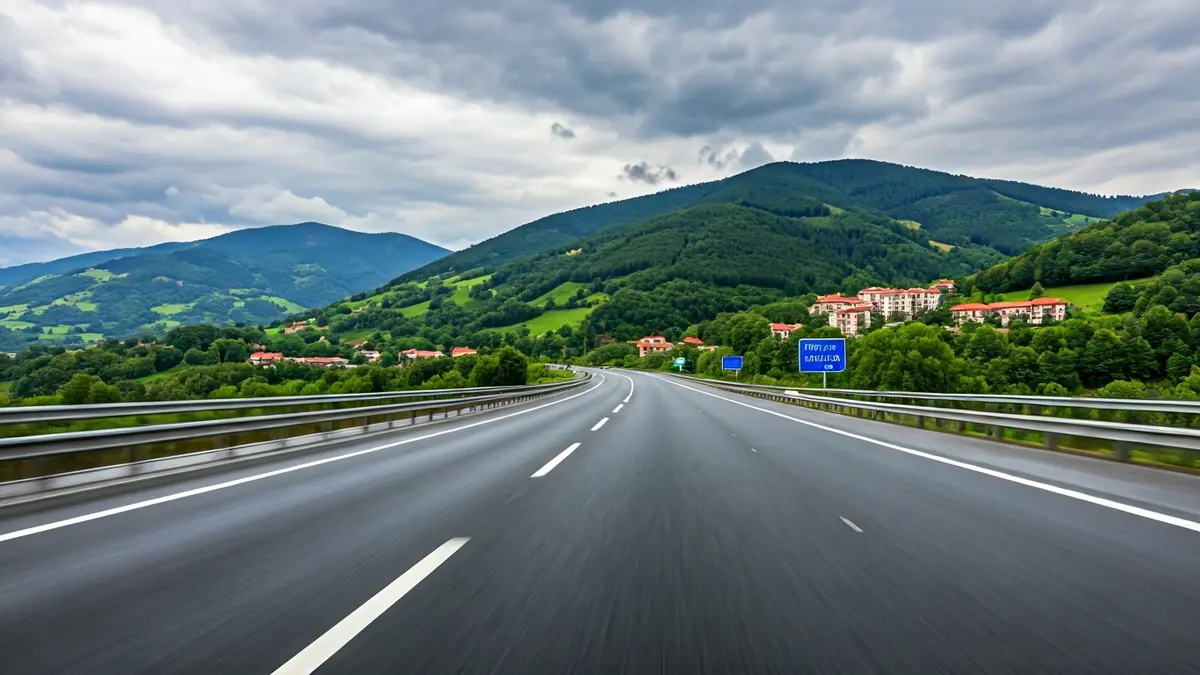 Generic image of an empty highway in the Basque Country, with green mountains and cloudy sky, suggesting reduced traffic.
