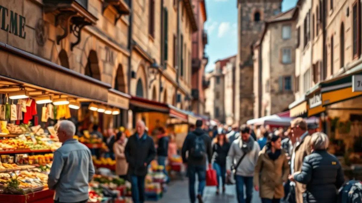 Generic image of a market, with people and stalls, in a historic city.