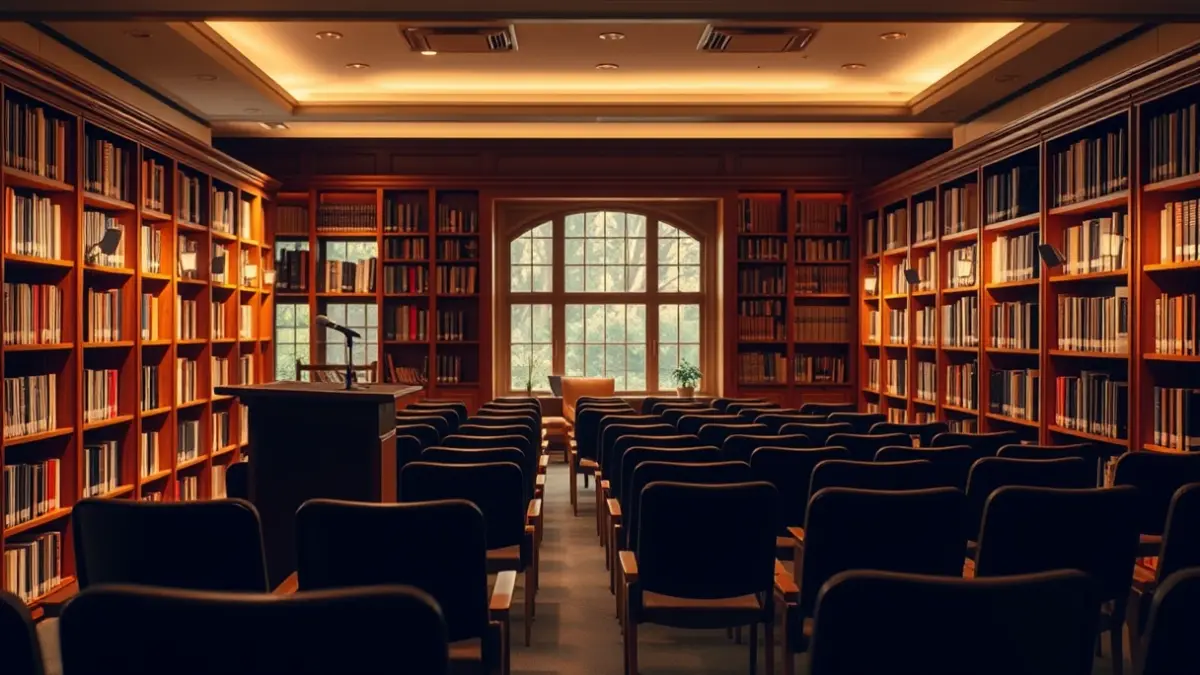 Generic image of a reading atmosphere in a library, featuring a microphone and empty chairs.
